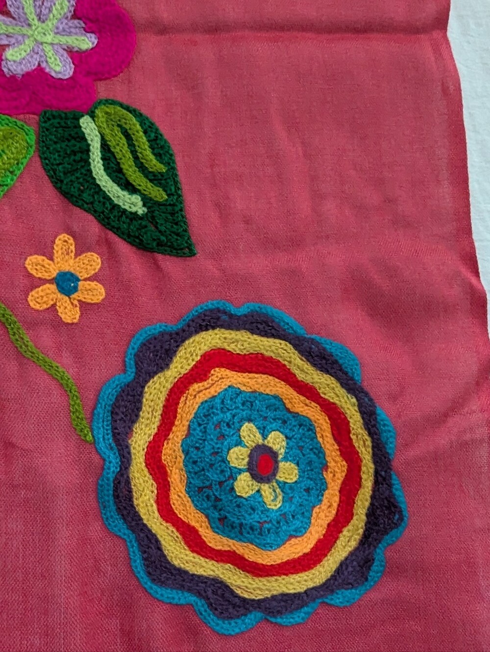 Colorful Embroidered Semi Sheer Scarf Crochet Fringe 19x76 Boho Gypsy - Picture 7 of 10